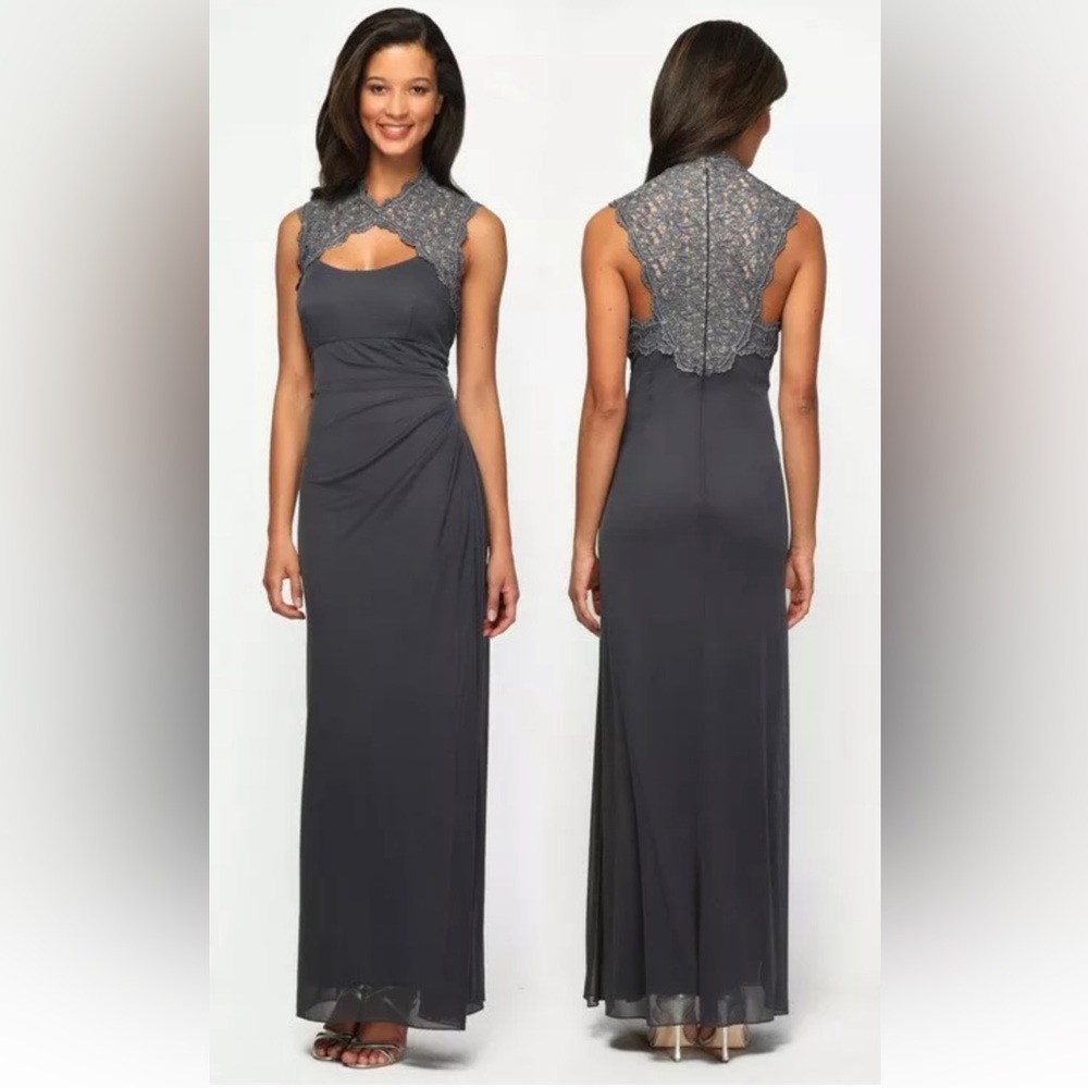 Alex Evenings Slate Gray Lace High-Neck Maxi Dress